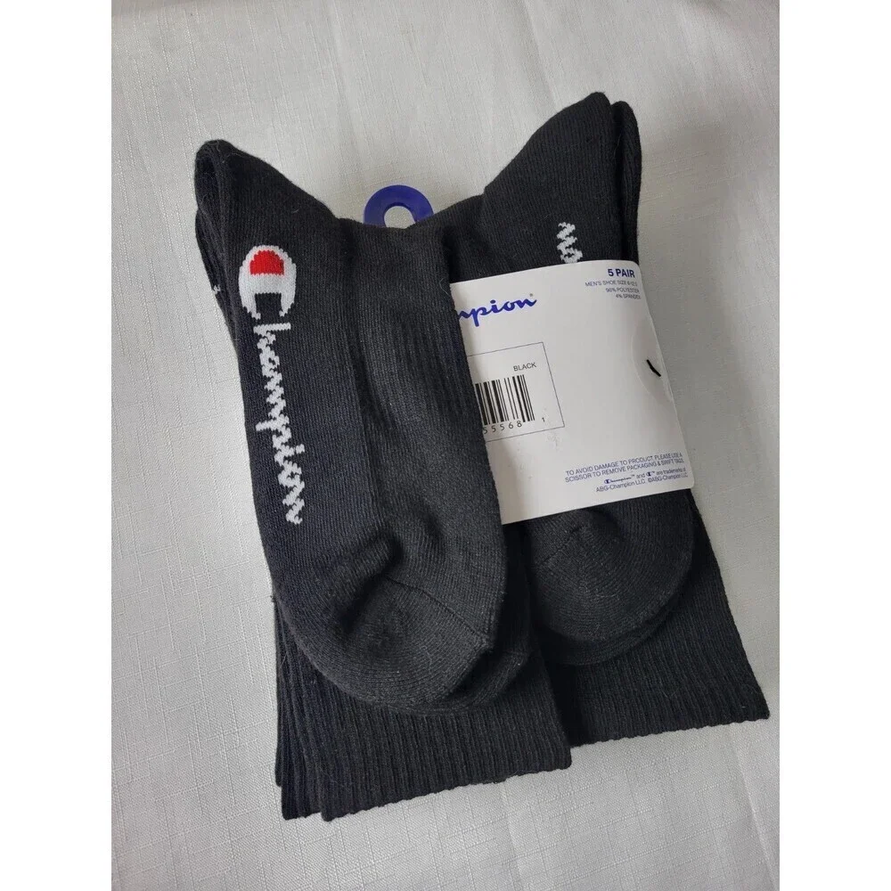 Champion Mens- Crew Black Socks 5 Pair Athleticwear Size 6-12  Cushioned